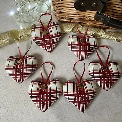 Handmade Burgundy Tartan Padded Hearts Hanging Decorations Set Of 6 • £7.99