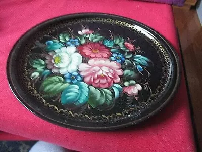 Vtg Tole Hand Painted Floral/Black Round Metal Tray 12” • $14.99