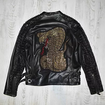 Philipp Plein Crystal Cobra Printed Black Men Genuine Leather Jacket With Studs • $465