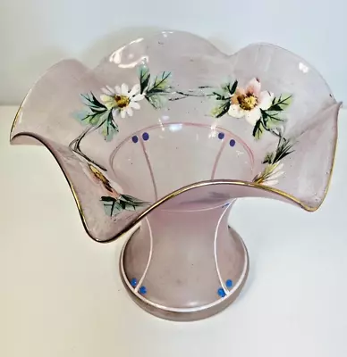 Vintage Blown Glass Hand Painted Ruffle Pink Frosted Vase Flowers • $19.98