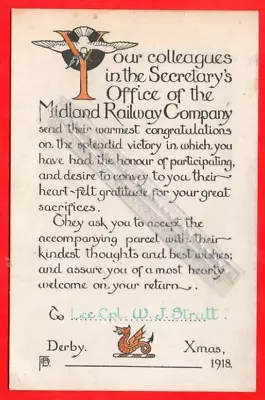 Derby Midland Railway Military W Strutt Honour Return Card Derby Xmas 1918 Rare • £30