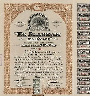 MEXICO EL ALAGRAN MINING COMPANY BOND Stock Certificate 1920 W/COUPONS  • $39.99