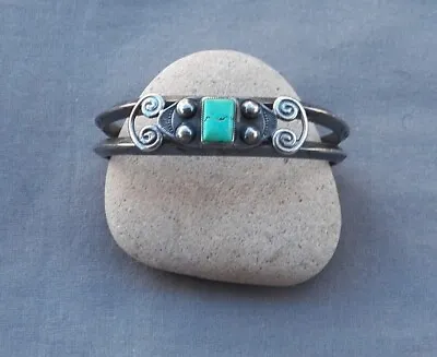 Old Vintage Native American Silver Carinated Squared Turquoise Cuff Bracelet • $269