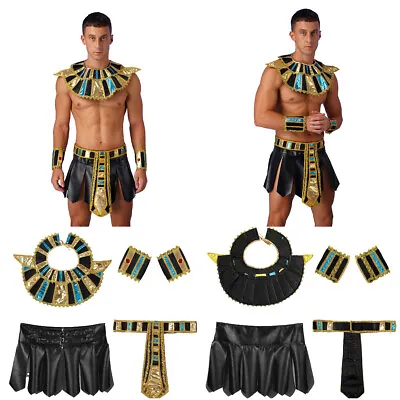 Mens Egyptian Fancy Dress Outfit Ancient Skirt King Neck Collar Retro Golden • £15.44