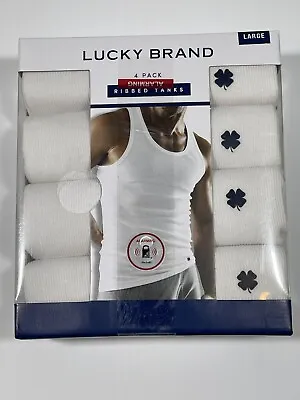 Lucky Brand Men's Tank Top Ribbed Undershirt 4-Pack White W/Logo Size Large NEW • $18.50