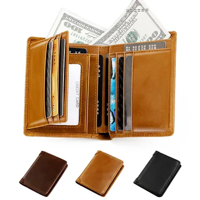 Real Leather Slim Wallets For Men Trifold Mens Wallet W/ ID Window RFID Blocking • $12.76