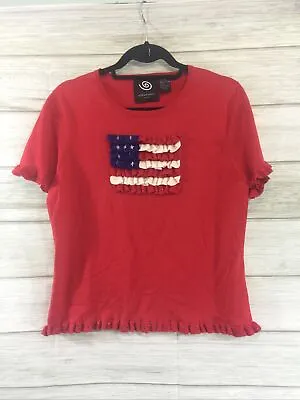Michael Simon Event •RedTop Shirt US Flag Patriotic Silk 4th July Short Sleeve L • $42