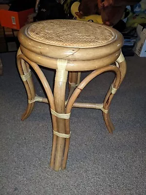 VINTAGE 1970s RATTAN BAMBOO VANITY STOOL TABLE CANE SEAT PLANT STAND  • $119.99