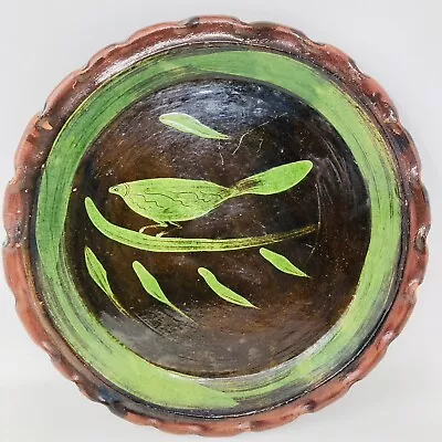 Red Ware Mexican Patamban Michoacan  Green Glaze Bird Platter 13” • $75