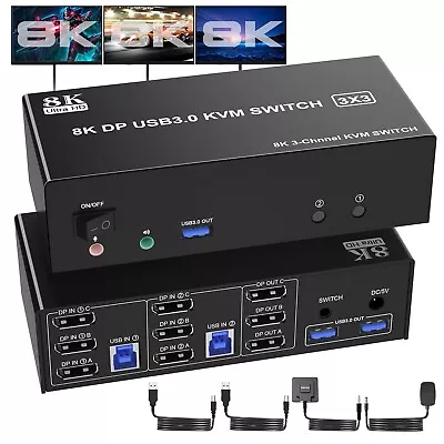 8K Displayport USB 3.0 KVM Switch 3 Monitors 2 Computers DP1.4 Triple Monitor • $74.99