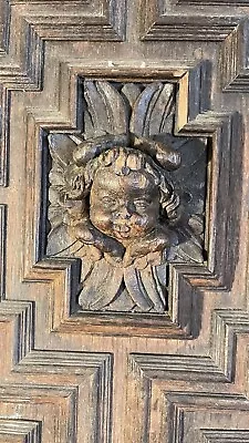 Large 17th Century Oak Carved Geometric Moundings Carved Face Cupboard Door • $236.24
