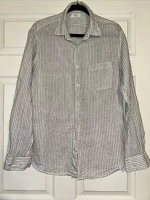 Uniqlo Mens Shirt Sz L White Hickory Stripe Band Collar 100% Linen • $11.96