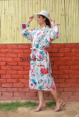 $35.62 • Buy Indian Handmade White Floral Long Cotton Kimono Dress Night Gown Kimono Robes AU