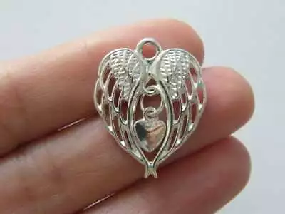 4 Angel Wing Heart Charms Silver Plated Tone AW31 • £2.30