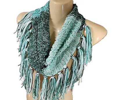NEW Hand Knitted Cowl Scarf Infinity Green Teal Ombre Boho Fringe Handmade Knit • $30.79