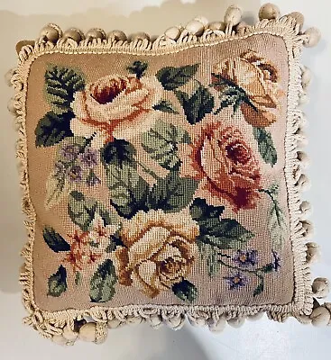 Vtg Beige Pink Green Floral Needlepoint Tassel Velvet Back Pillow 13x13 Zippered • $59.99