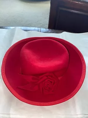 Amanda Smith Wide Rim Red Wool Hat With Ribbon And Rose Made In Italy • $42.49