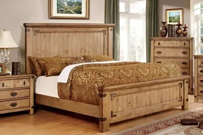 Transitional Bedroom Furniture 1pc Queen Size Bed Solid Wood Plank Design HB FB • $1299.99