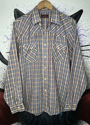 Vintage Levi’s Pearl Snap Blue Plaid Western Cowboy Shirt Mens Size L • $20