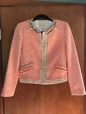 McGinn Semi-Crop Blazer/Jacket Jeweled Trim Tweed Slim Cut Coral Size 4 • $30