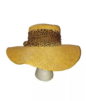 Cappelli Straworld Hat Straw Wide Brim Leopard Print Ribbon Bow Beach • $15