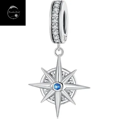 Sterling Silver 925 Compass Travel Boat Dangle Charm For Bracelets With Blue CZ • £16.99