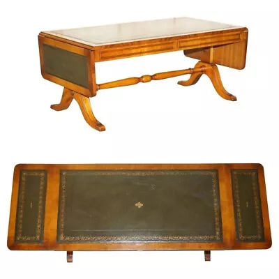 Large Vintage Bevan Funnell Yew Extending Green Leather Coffee Cocktail Table • $1680.14