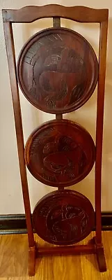 Vintage Pie Cake Stand Engraved- Folding Mahogany-Decor- 3 Tier • $60