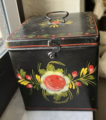 Antique Hand-Painted Tole Pennsylvania Dutch Floral Tin Box • $23