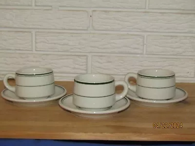 3 Vitrified Jackson Green Stripes Heavy Restaurant Ware Coffee Cups & Saucers • $18.99