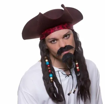 New Deluxe Jack Sparrow Tricorn Pirate Hat Attached Wig Men's Adult Fancy Dress • £14.95