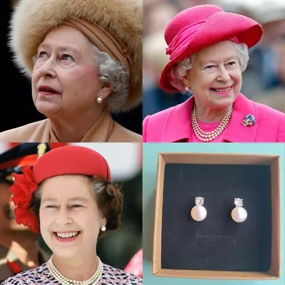 Queen Elizabeth II Diamond Round Pearl Stud Earrings Royal Replica Gift... • £29.99