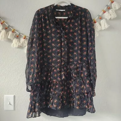 Zara Floral Black Metallic Button Lined Ruffle Chiffon Mini Dress Boho Chic L • $27.99