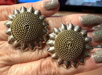 Vintage  Sunflower  Sterling Silver 925 Mexico Large Clip On Sgnd Laton Earrings • $34.99