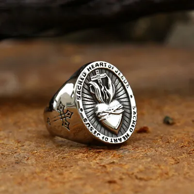 Vintage Sacred Heart Of Jesus Cross Ring Stainless Steel Men's Amulet Punk Ring • $11.98