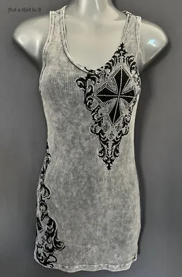 New VOCAL Womens CRYSTAL GRAY BLACK CROSS MINERAL TANK TOP SHIRT S Small USA • $42.70