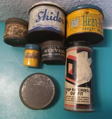 VINTAGE SMALL METAL TIN CANISTER 7Pc LOT KODAK CREST SKIDOO STEVENS VARSITY ETC. • $19.99