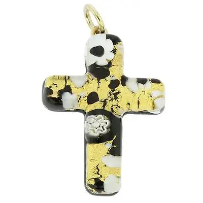 GlassOfVenice Murano Glass Venetian Reflections Cross Pendant - Black Gold • $34.95