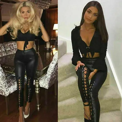 Ladies Womens High Waisted Lace Up Front PVC Leather Wet Look Leggings Pants  • £13.95