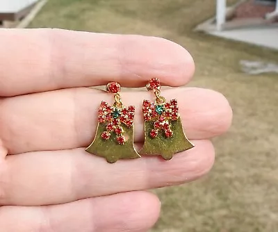 Vintage Red & Green Rhinestone Metal Bell Christmas Ornament Post Back Earrings • $5