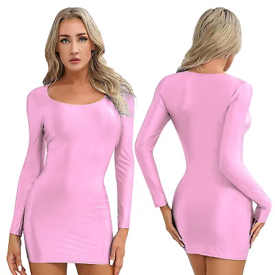 $26.39 • Buy Womens Shiny Glossy Mini Dress Long Sleeve Round Neck Bodycon Dress Clubwear