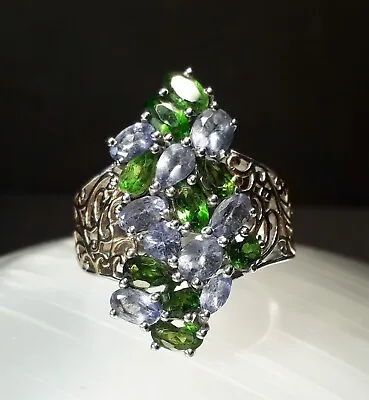 Tanzanite And Chrome Diopside Filigree Ring Size S In Platinum And Gold... • £42