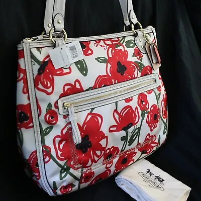 NWT COACH Poppy Red Rose Floral Canvas Glam Tote Shoulder Bag NEW • $160.20