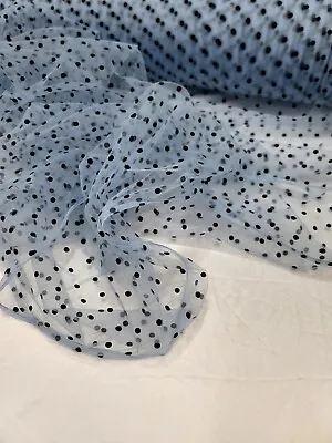 Vintage Sky Blue Tulle Black Velvet Polka Dot Pattern Lace Fabric By The Yard  • $12.99