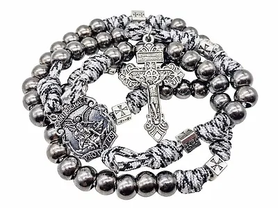 Black Beads Paracord Rosary Necklace St Michael Medal Resin Rugged Chaplet 21  • $20.62