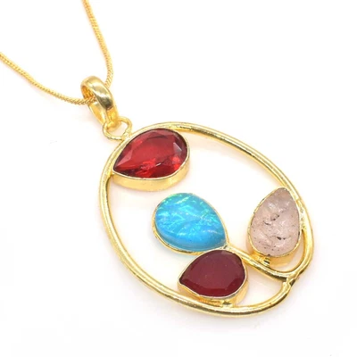 $13.49 • Buy Simulated Red Garnet Multi Gemstone Gold Plated Jewelry Chain Pendant 1.5 V929