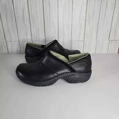 Women's Black Leather Merrell Moc Slip On Comfort Clog Size 7.5 • $35