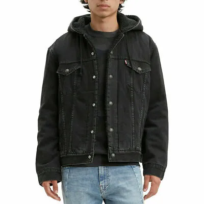 Levis Mens Denim Sherpa Lined Hooded Jean Jacket Pocket Drawstring 85244000 • $86.99