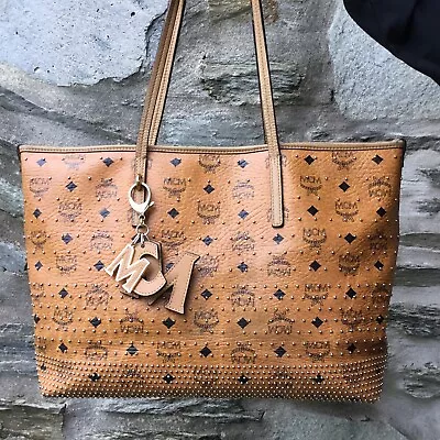 Vintage RARE MCM Visetos Cognac Leather Studded Logo XL Tote Shoulder Bag Charm • $131.50