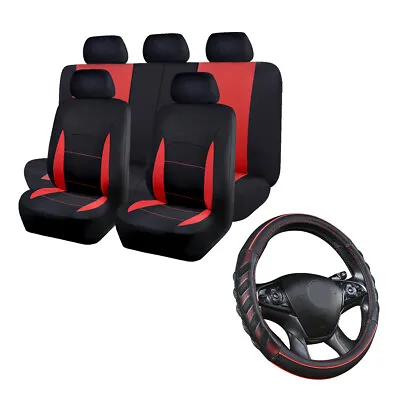 $59.99 • Buy Car Seat Covers Set Universal Red Black Auto Steering Wheel Cover Leather Sporty